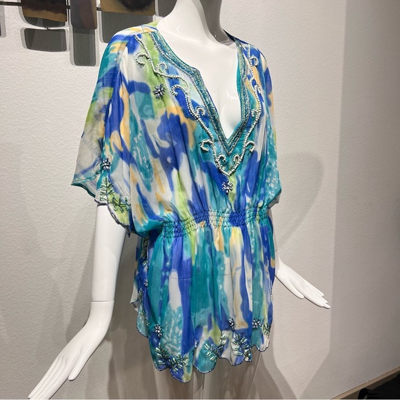 NWOT Midnight Velvet Sheer Tunic Top XL Multi Beaded Embroidered V-Neck - Picture 2 of 16